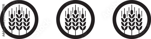 Three identical black and white depicting stylized wheat stalks enclosed within oval frames arranged in a horizontal row on a white background