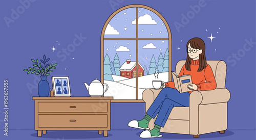 Cozy winter scene with woman reading and cat by the window