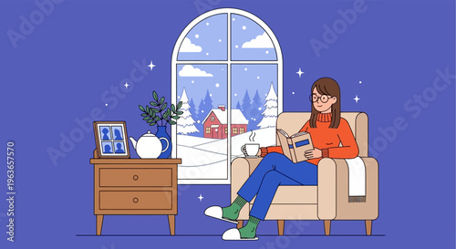 Woman sitting by a window with a guitar on a snowy day