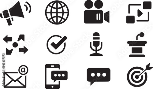 Twelve Black Representing Communication and Business Concepts Including Megaphone Globe Camera Email and Target