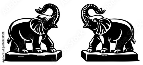 Pair of traditional oriental elephant statues with raised trunks in black and white vector style