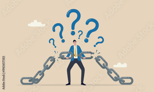 Business, in business industrial and investment concept, tried fatigue businessman trying to hold broken chain together with his low energy