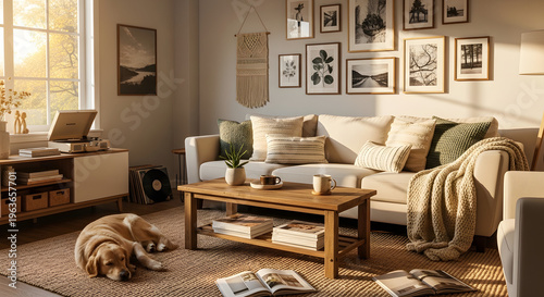 A cozy living room with a golden retriever resting on a rug bathed in warm sunlight
