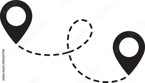 Two black location pins connected by a dashed line forming a winding path indicating travel routes navigation and distance between points Keywords