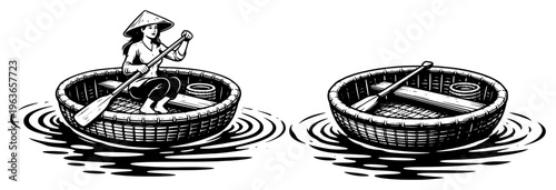 Traditional Vietnamese basket boat with a woman rowing and empty version in black and white vector