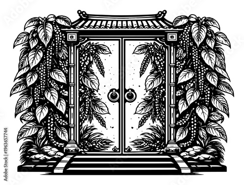 Ornate oriental gate hidden behind lush tropical leaves and hanging plants in detailed linework style