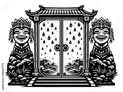 Ornate traditional Asian temple gate with guardian statues and water motifs in woodcut style