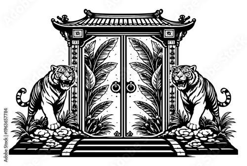 Traditional Asian temple entrance gate flanked by two tigers in woodcut vector style