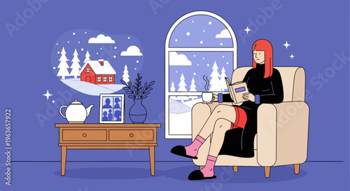 Cozy winter scene with woman reading by the window