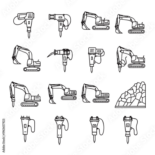 Construction Equipment Icons: Excavators and Jackhammers Line Art Style