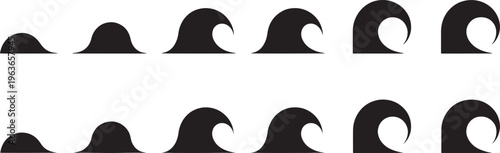 Two rows of black silhouette wave showing a progression of increasing size and curl from left to right on a white background Keywords: waves