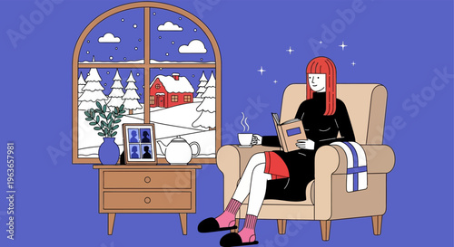 Cozy winter scene of a woman reading with her dog by the window