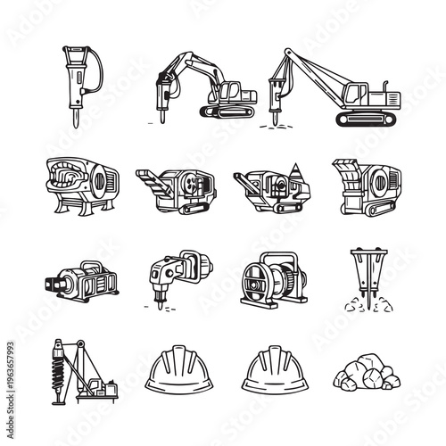 Construction Equipment Icons: Jackhammers Excavators Compactor Helmets Rocks Line Art Style