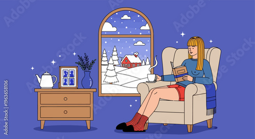 Cozy winter scene of a woman reading near a mirror reflecting snow outside