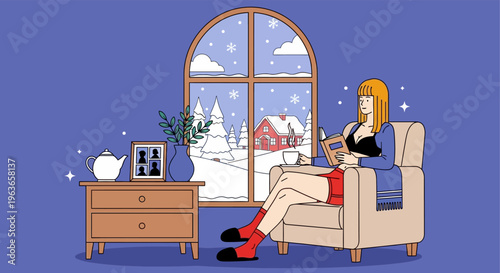 Woman relaxing by the window on a snowy day with a cup of coffee