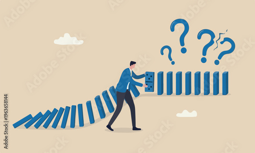 Risk management, protect business from disaster or crisis, leadership to avoid losing money, problem and failure concept, smart businessman company leader remove domino to stop domino effect collapse