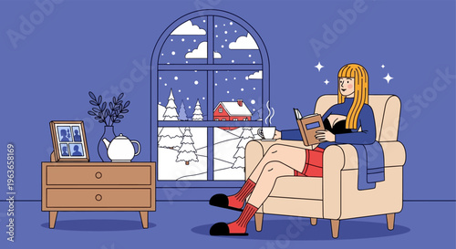 Woman relaxing in a cozy room with a book on a winter night