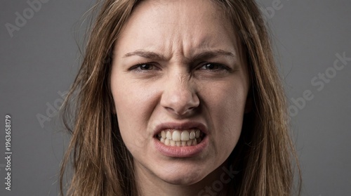 A woman with a scowling face and a furrowed brow looks directly at the camera with an angry expression