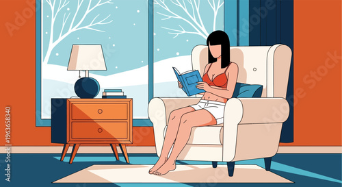 Woman relaxing in a cozy living room with a book on a winter day