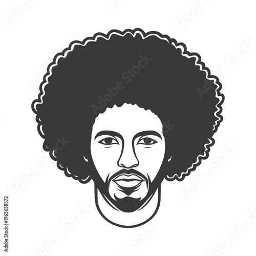 A black and white illustration of a man with an afro and beard