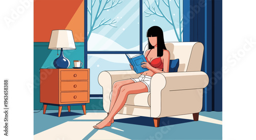 Woman relaxing in a cozy room with a book by the window
