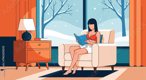 Woman relaxing with a book on a cozy armchair by the window on a snowy day