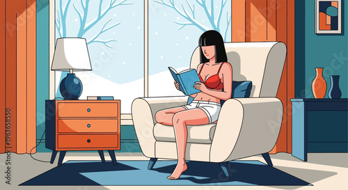 Woman relaxing in a cozy living room with a book on a lazy day