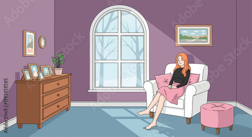 Woman relaxing in a cozy purple room with large arched window