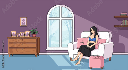 Pregnant woman sitting in a chair in a purple room with a large window