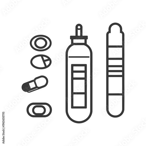 Various medical supplies and pills are displayed on a white background