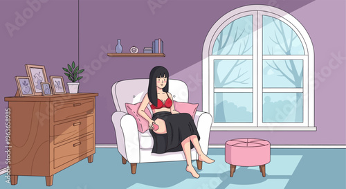 Woman sitting in a cozy room with purple walls and a large arched window