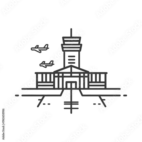 A simplistic black line art depiction of an airport facility