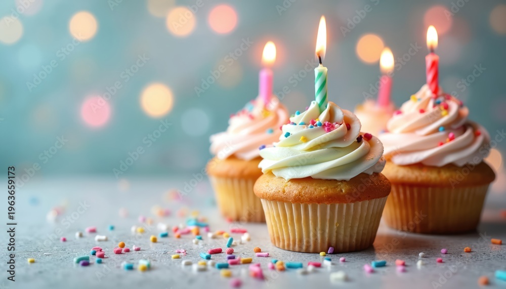 Fototapeta premium Four festive cupcakes with lit candles and colorful sprinkles sit on a table. A sweet treat ready for any celebration event, like a birthday party or special occasion.