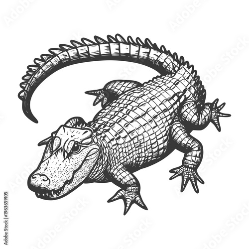 A detailed illustration of a large alligator facing forward