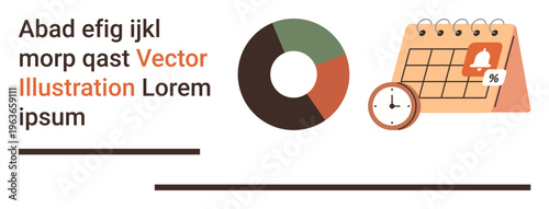 Time management, project planning, data analysis, workflow optimization, business productivity, financial management. Pie chart, calendar with alert icon and clock. Time management and project