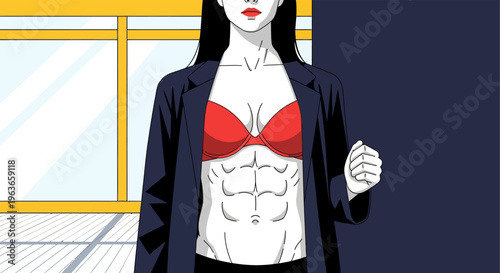Anime woman in red bra and black coat standing in front of a window