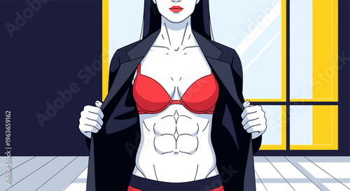 Comic book character in red lingerie and black coat