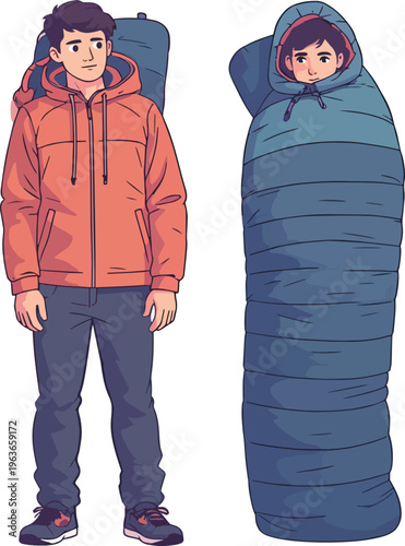 Illustrazione vettoriale di una persona che arrotola o sistema un sacco a pelo imbottito dopo il campeggio. Concetto di outdoor, viaggio, escursionismo, organizzazione dell’attrezzatura e vita 