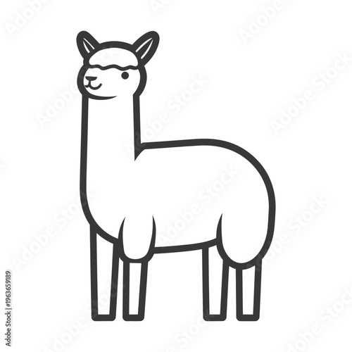 Simple black and white illustration of a standing llama animal