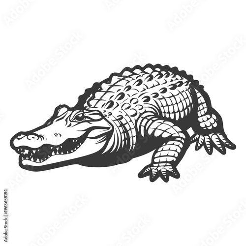 A monochrome detailed illustration of a large predatory reptile animal