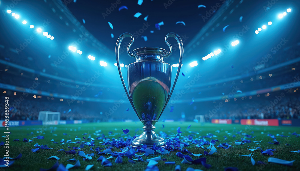 Obraz premium Close up of champion trophy on soccer field. Stadium lights shine on award. Blue confetti falls on green grass, celebrating victory. Winner receives prize after match.