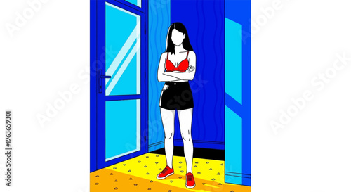 A woman in a red top and black skirt standing in a doorway with blue walls and yellow floor