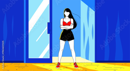 A woman in a red top and black skirt standing in front of a blue door with sunlight