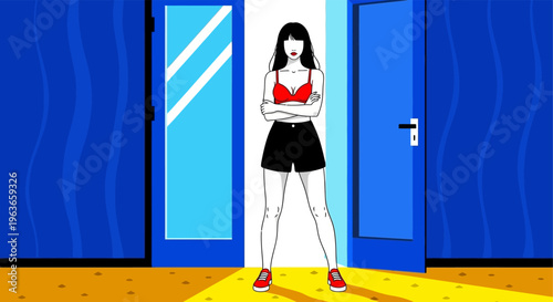 Woman standing in doorway with red top and black skirt
