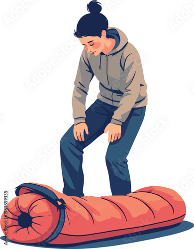 Illustrazione vettoriale di una persona che arrotola o sistema un sacco a pelo imbottito dopo il campeggio. Concetto di outdoor, viaggio, escursionismo, organizzazione dell’attrezzatura e vita 