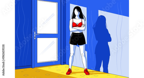 Woman standing in a doorway with a bold red top and black skirt