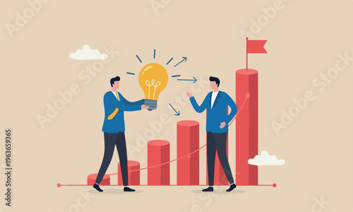 Business idea give an on red pillars advice, solution to solve business problem or help sharing creativity idea concept, smart businessman giving lightbulb idea to young employee.