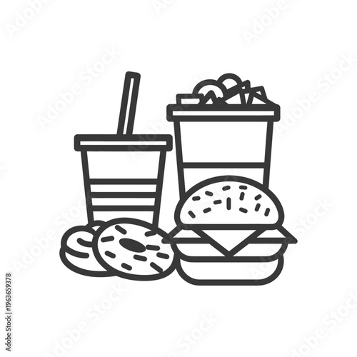 Outlined fast food meal featuring a burger and soda with donuts