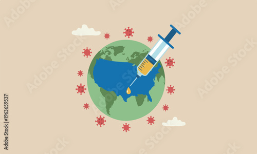 Coronavirus vaccine, syringe of vaccine and needle planting on USA United States map on green sickness planet earth with red Coronavirus COVID-19 pathogen around