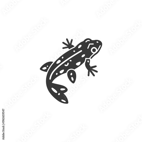 A stylized black and white drawing of a spotted amphibian